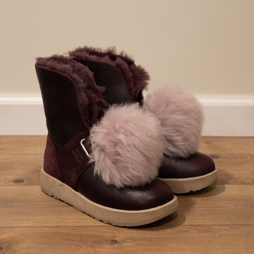 UGG Australia ISLEY WATERPROOF LEATHER POM POM Boots in Port Purple